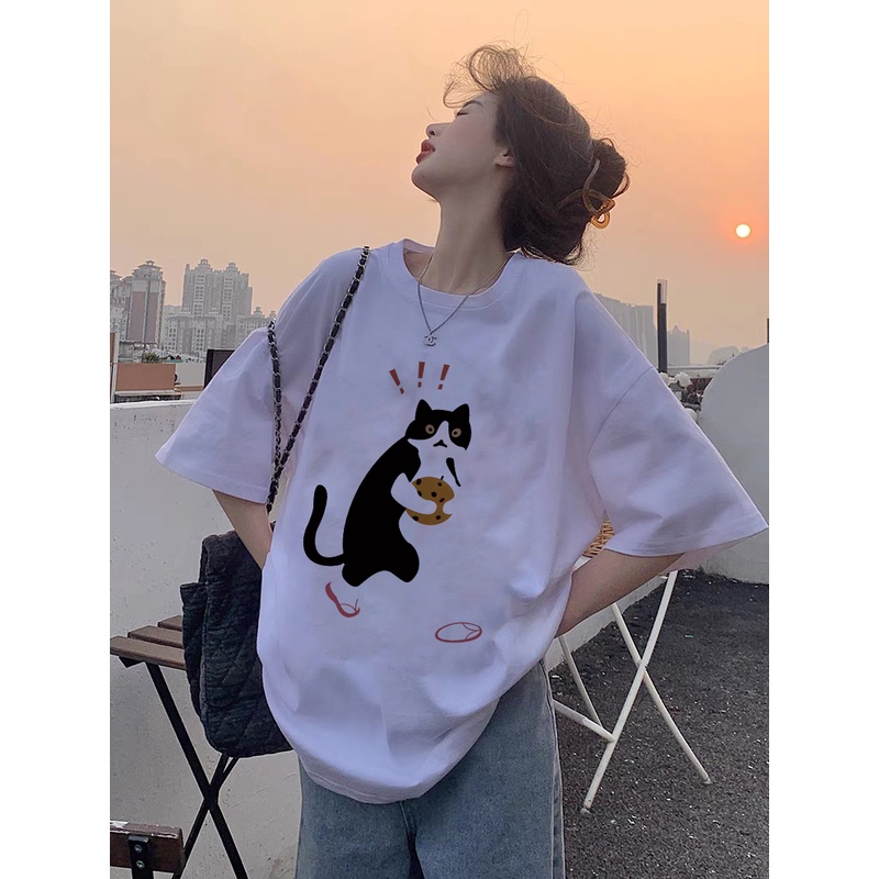 Korean Style Cute Cat Kaos Putih Atasan Wanita Lengan Pendek Oversize Printed T-shirt Baju Wanita Kekinian