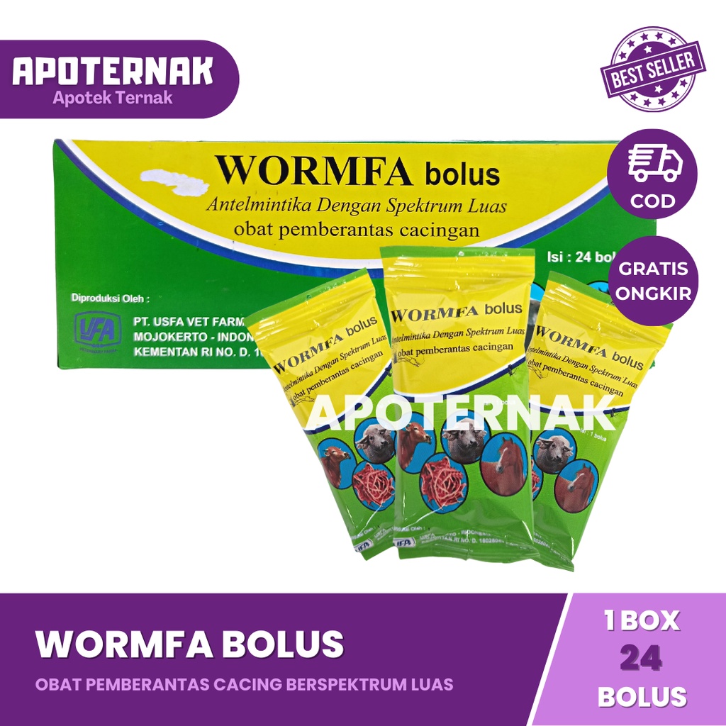 WORMFA BOLUS 1 BOX (24 BOLUS) - Antelmintika Dengan Spektrum Luas - Obat Pemberatas Cacingan Pada Sapi Kerbau Kuda - USFA