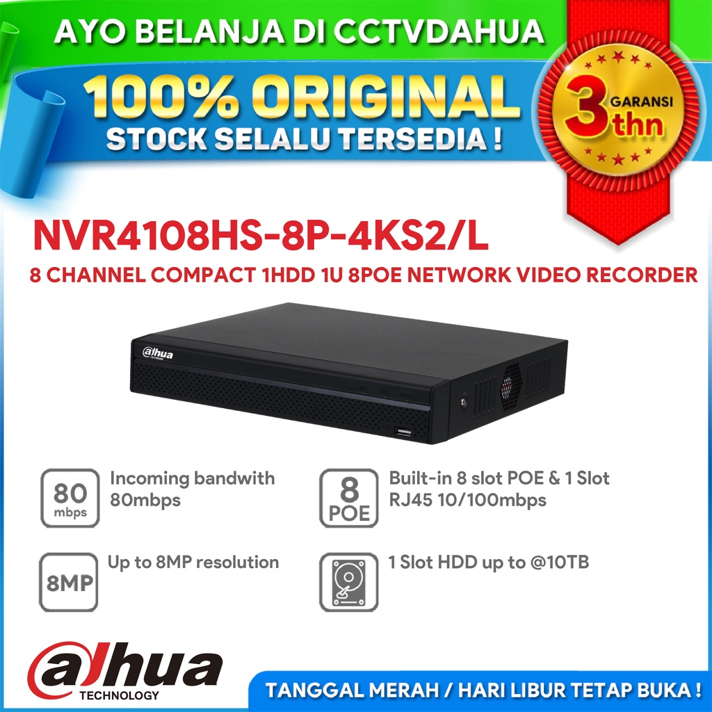 DAHUA NVR4108HS-8P-4KS2/L 8CH COMPACT 1U 1 SLOT HDD 8 POE H.265 NVR