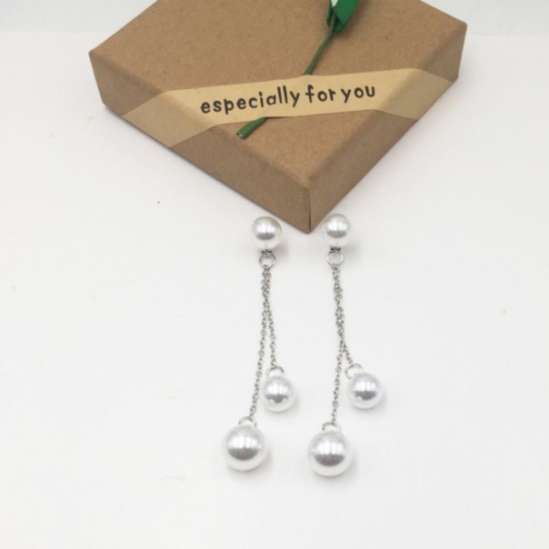 Anting Hijab Juntai Mutiara Double Rantai Undak Unik Gaya Korea