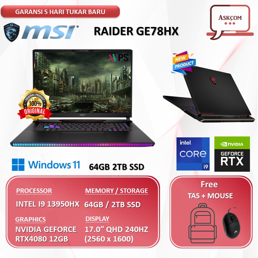 Laptop MSI RAIDER GE78HX RTX4080 12GB I9 13950HX 64GB 2TB SSD W11 17.0QHD 240HZ PKRGB 13VH.090