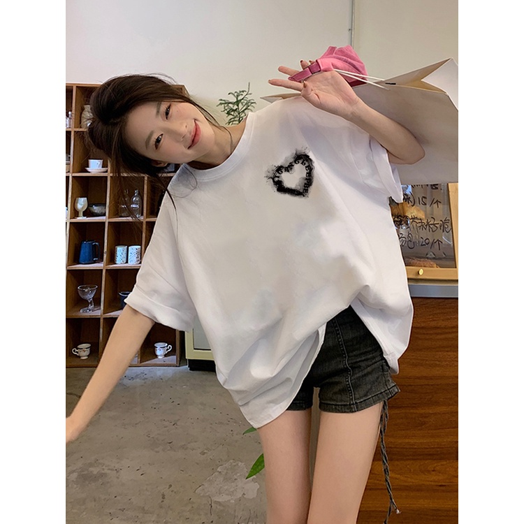 XIAOZHAINV Print T-shirt Kaos Lengan Pendek Retro Love Ink Baju Wanita Oversize Korean Style A0909