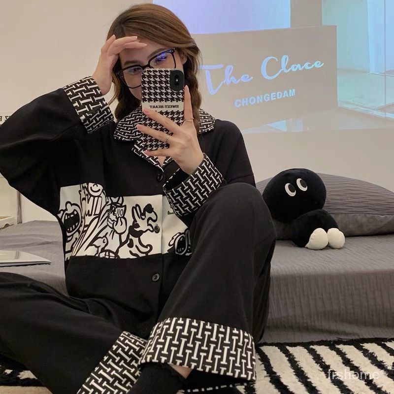 piyama korea Karikatur kartun siswa celana panjang lengan panjang asrama asrama set pakaian santai