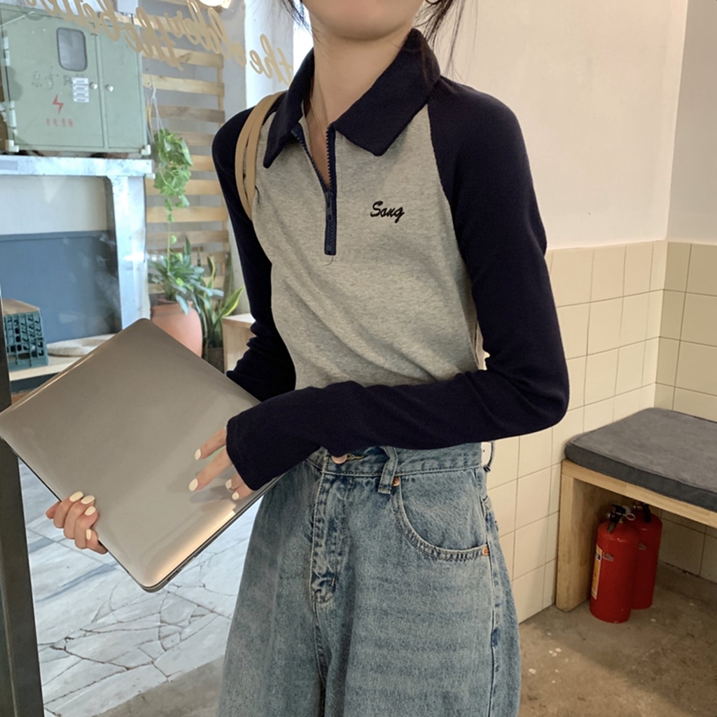 Red Gaya Amerika Warna Kontras Polo Kerah Slim Fit Lengan Panjang T-shirt Wanita Musim Semi Kemeja Hot Girl pendek Top Pasang