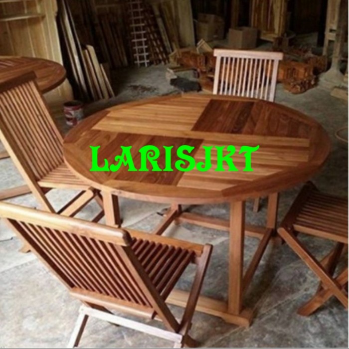 LJ1 meja cafe bulat set-kayu jati - Meja bulat
