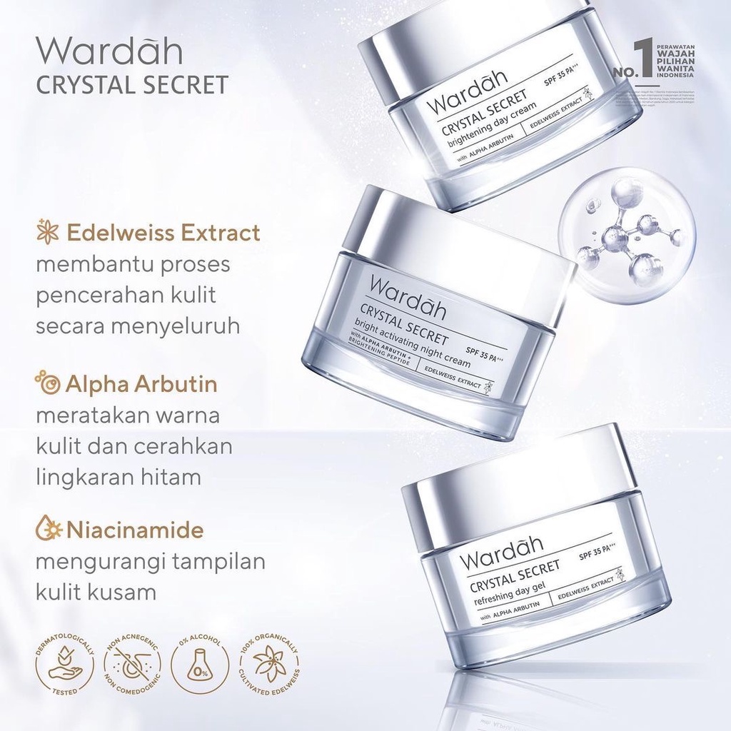 WARDAH Crystal Secret Brightening Day Cream Indonesia / Pelembab Wajah 9ml 15ml 30g / SPF 35 PA+++ / With Alpha Arbutin Edelweiss Extract / Moisturizes And Protects Skin From UVA/UVB Crystal Bright Skin / Skincare Face Care Series / Pagi Malam Night Krim