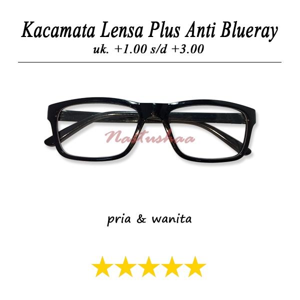 Kacamata baca plus (+) lensa blueray +100 s/d +300 kacamata rabun dekat anti radiasi pria dan wanita frame kotak hitam unisex FREECASE