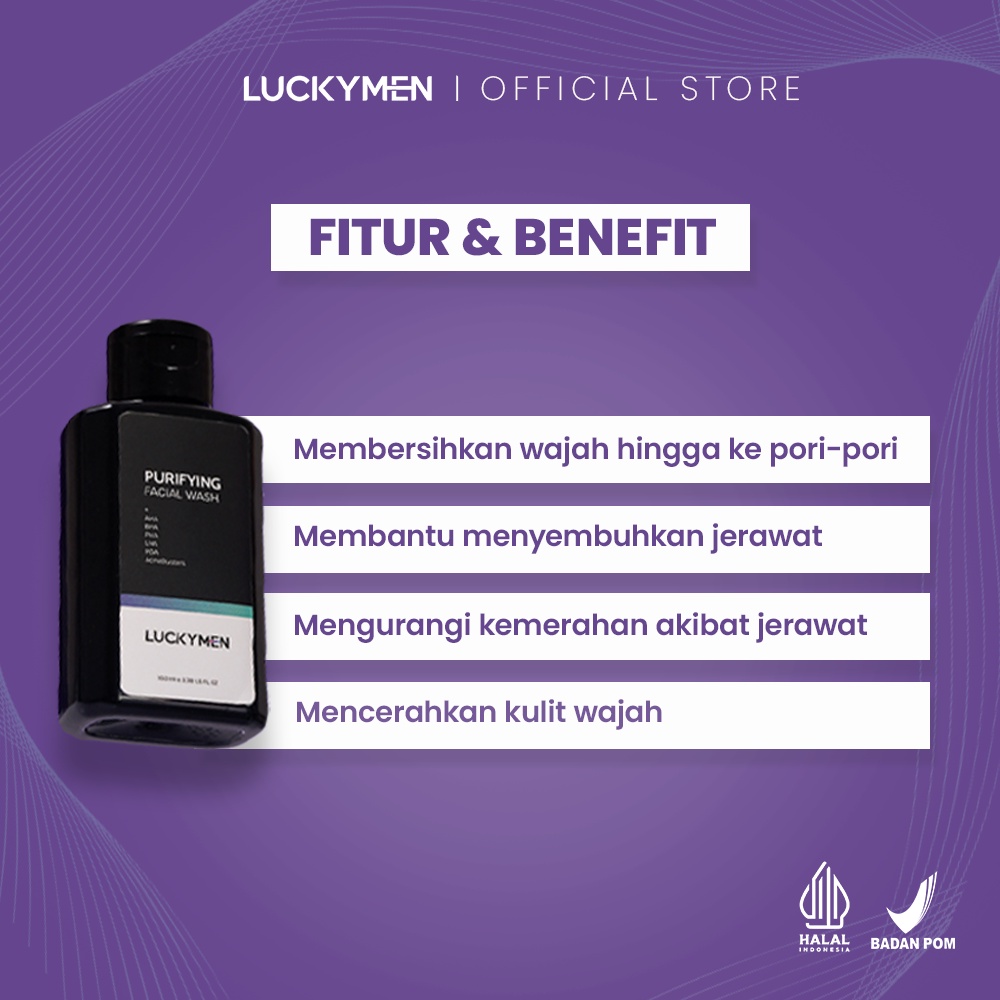 Sabun Muka Menyembuhkan Mencegah Membersihkan mengurangi Meredakan jerawat kemerahan Iritasi Minyak belebih Kotoran Noda Pori Pori Kulit Wajah Luckymen Purifying Facial Wash Skincare pria Ampuh Original BPOM