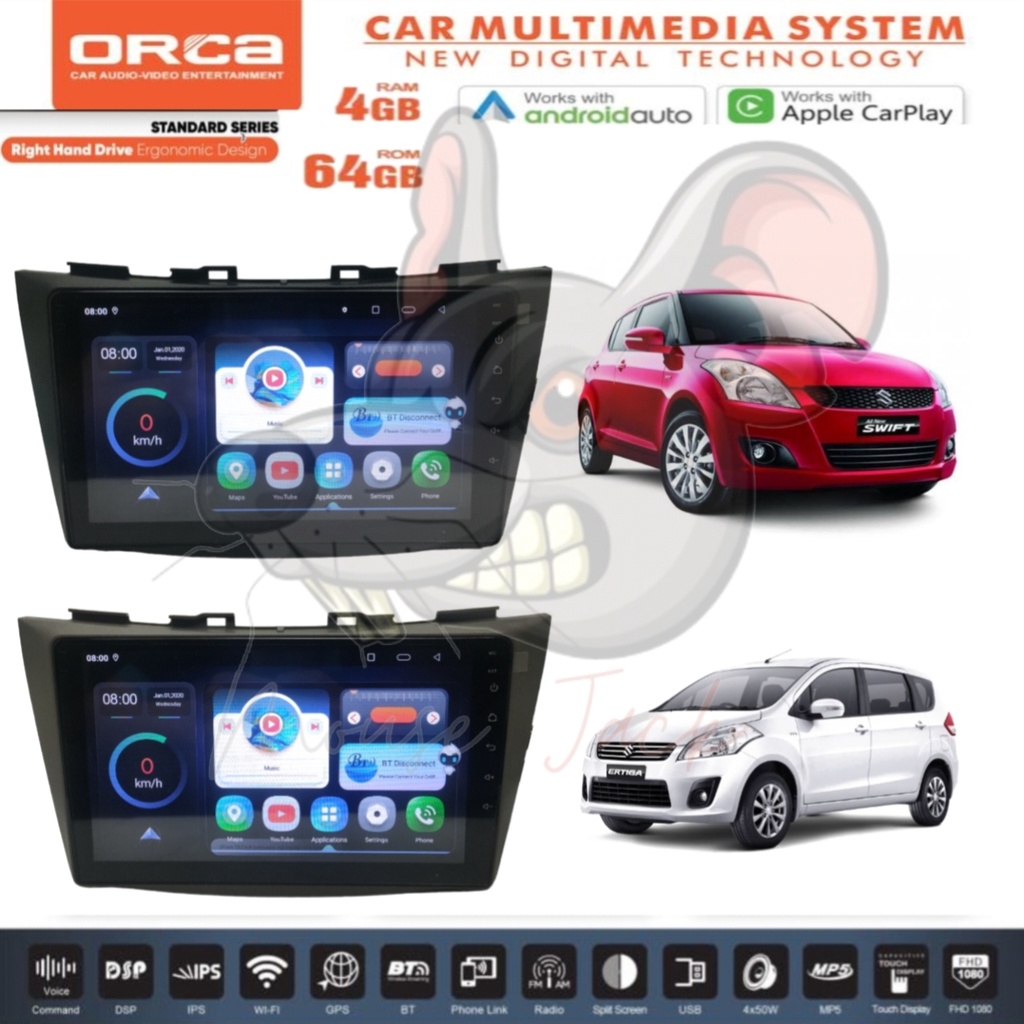 Head Unit Android Orca Carplay DSP IPS 9 inch OEM Ertiga lama & Swift 4GB-64GB