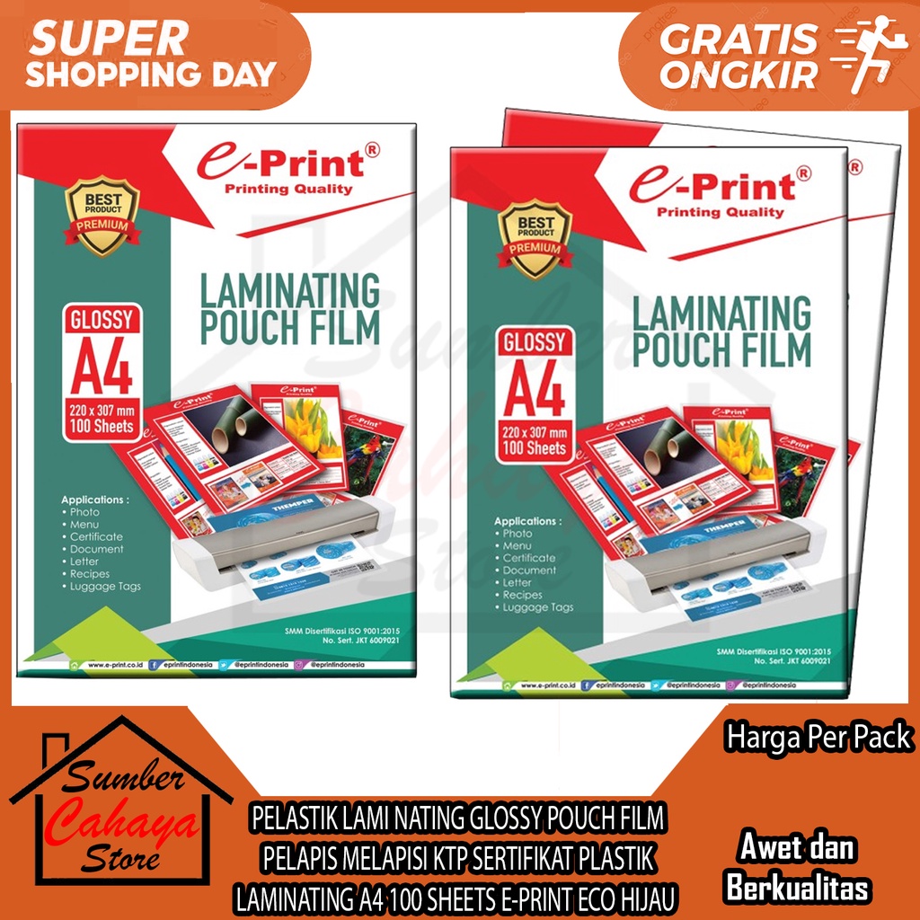 

PELASTIK LAMI NATING GLOSSY POUCH FILM PELAPIS MELAPISI KTP SERTIFIKAT PLASTIK LAMINATING A4 100 SHEETS E-PRINT ECO HIJAU LAPISAN PELINDUNG SERTIFIKAT FOTO PHOTO DOKUMEN SURAT KARTU MENU PREMIUM ORIGINAL 100 PCS 220X307 MM 220 307JERNIH POLOS BENING ALAT