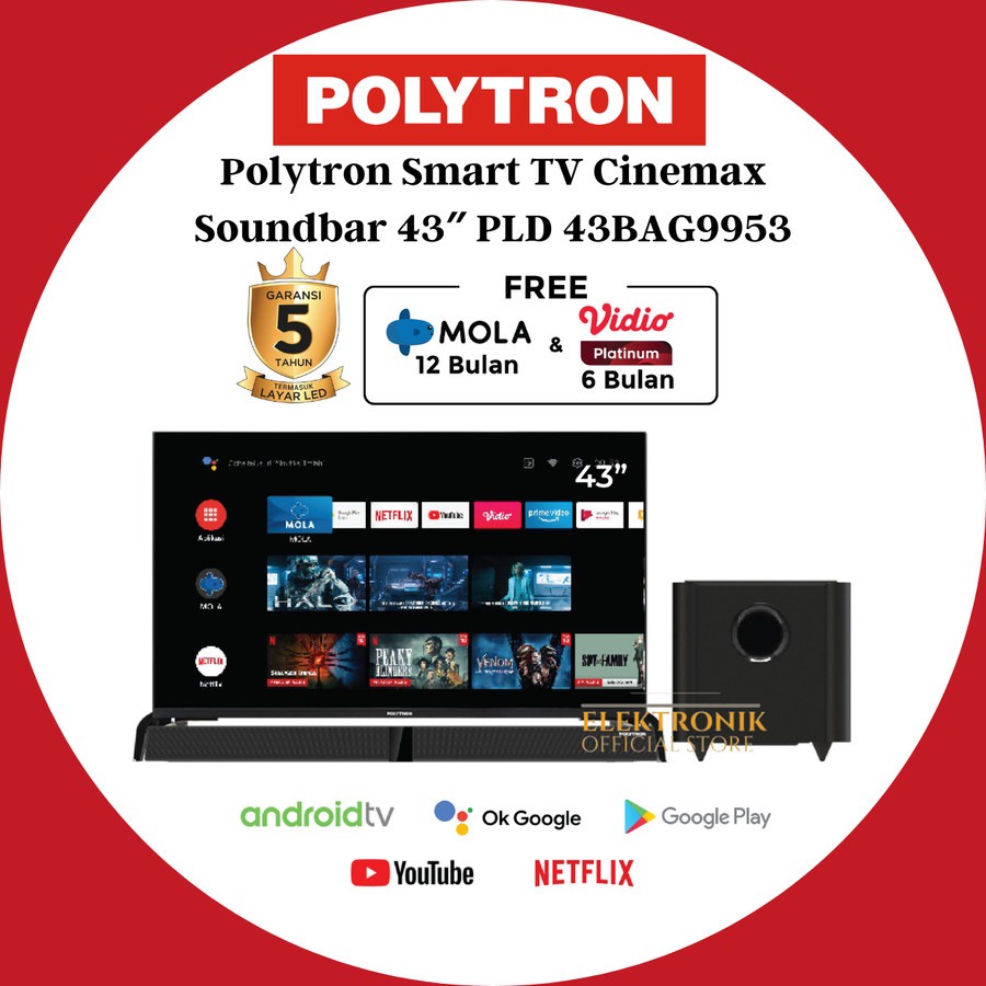 POLYTRON LED TV 43INCH 43BAG9953 SMART CINEMAX SOUNDBAR/43BAG ANDROID SMART TV CINEMAX SOUNDBAR/ 43 