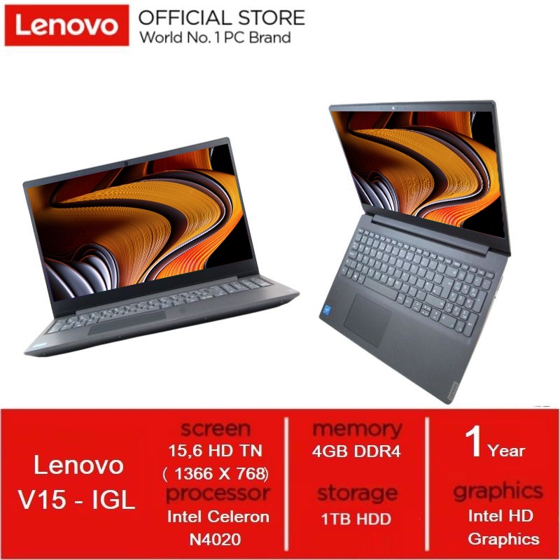 LAPTOP MURAH LENOVO IP V15-IGL INTEL N4020 RAM 4GB HDD 1TB + 1 Slot SSD 15.6 INCH HITAM BARU