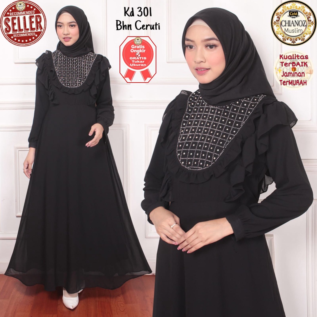 CHIANOZ Gamis Hitam Mewah Monika Dress Brukat Renda Baju Lebaran Umroh Haji Manasik Pesta Akad 301 304