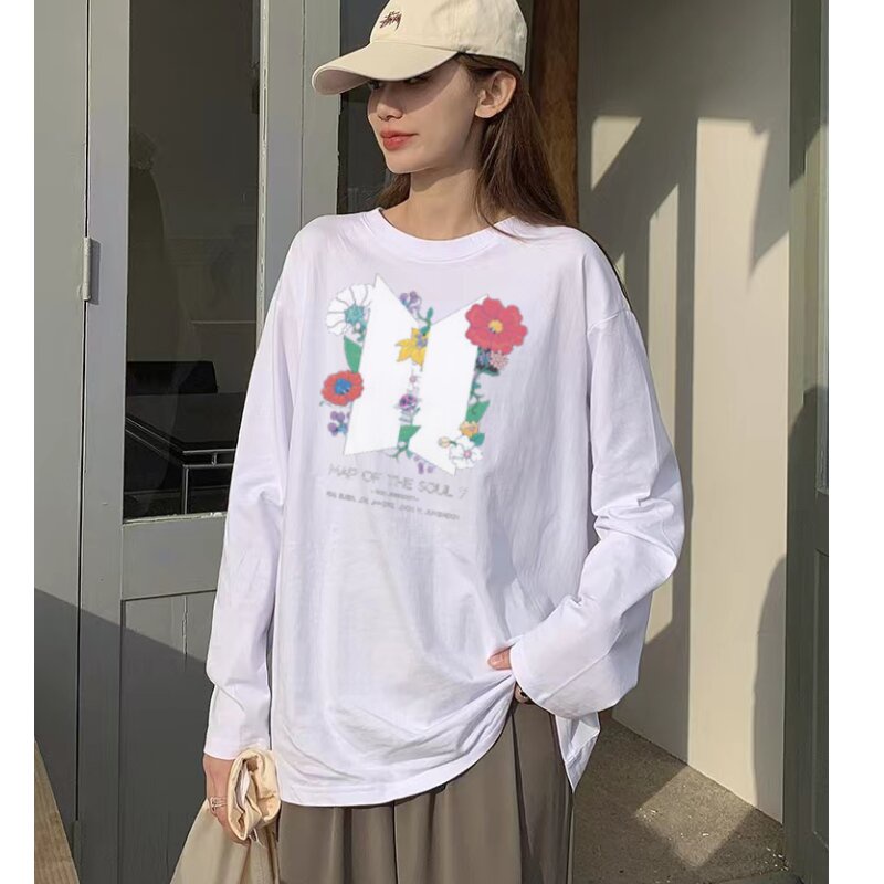 Korean Print Kaos Wanita Oversize Lengan Panjang Casual T Shirts