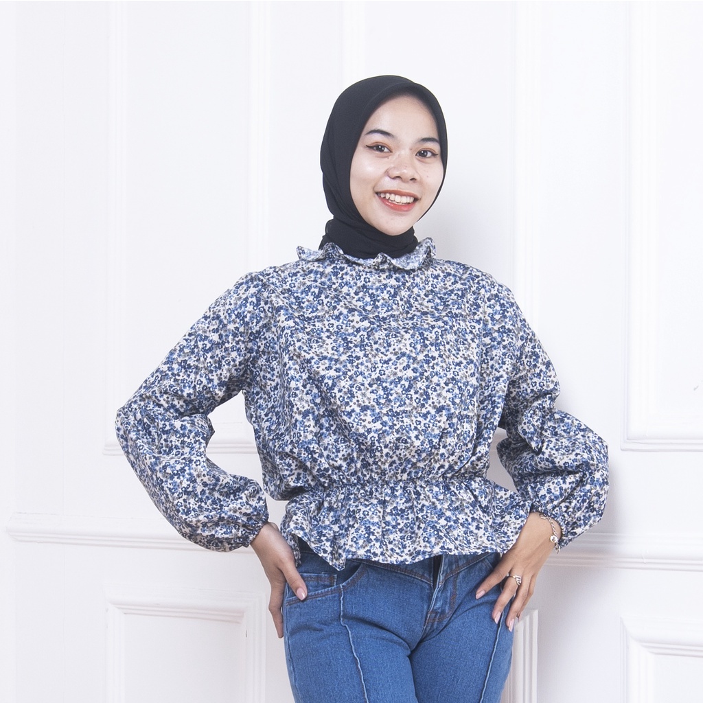 IL - BYTHA FLORAL BLOUSE / ATASAN WANITA MOTIF BUNGA PINGGANG KERUT KOREAN STYLE-MELY BIRU