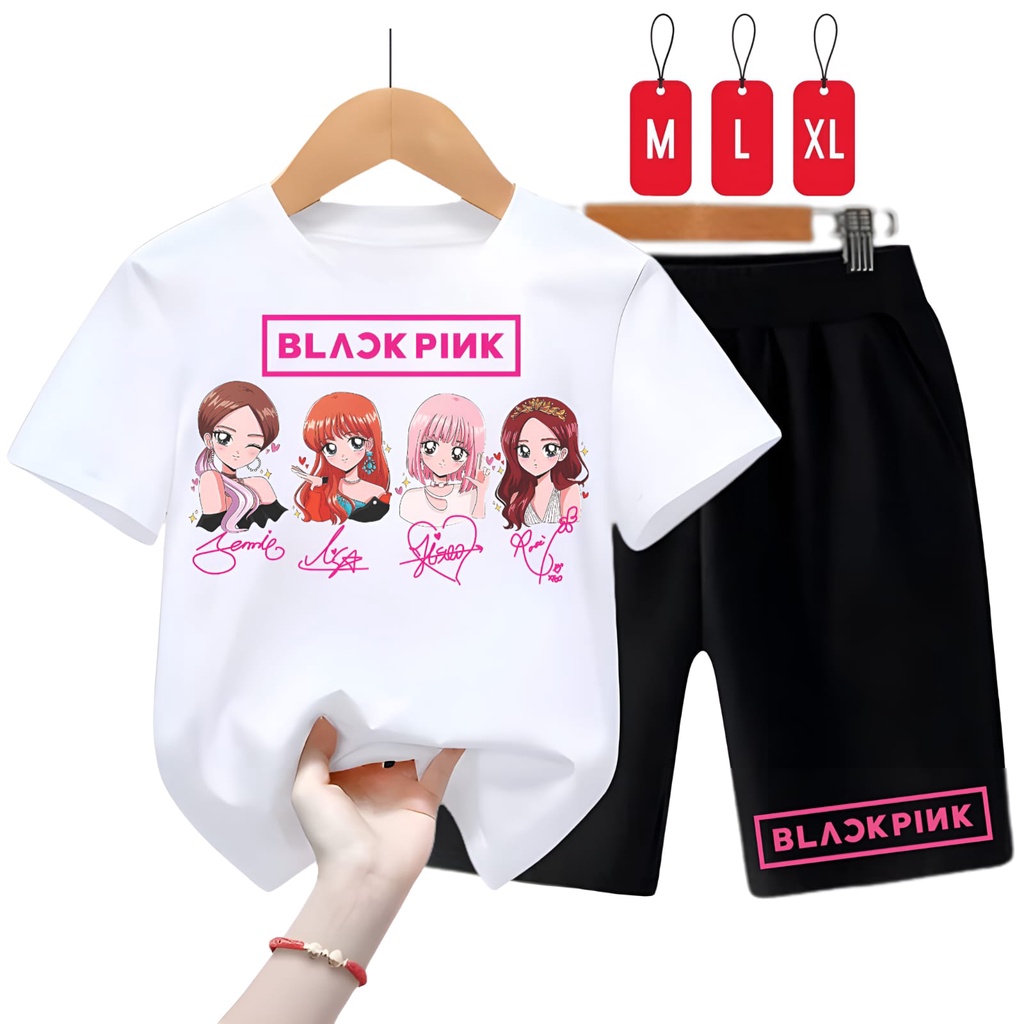 Hzl_outfit Baju Setelan Kaos Anak Perempuan B PINK