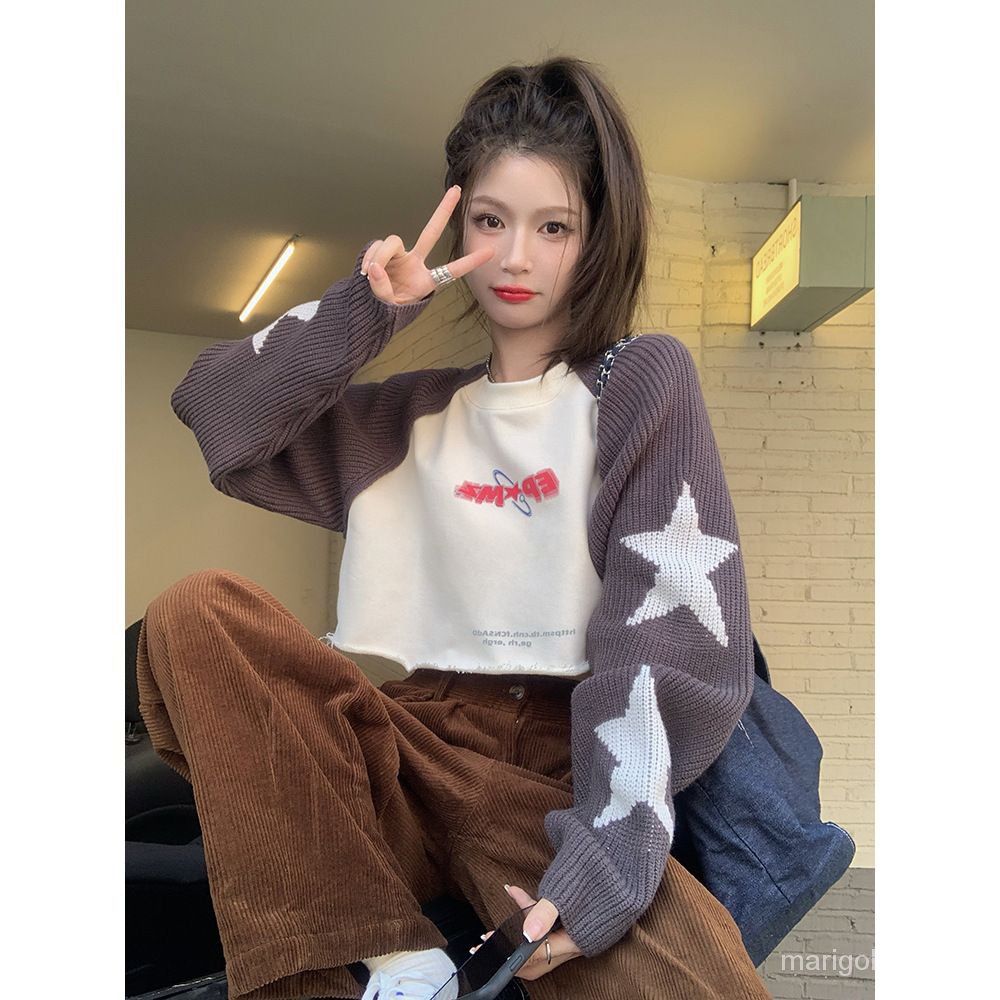 COD##y2k rajut crop lengan panjang/vintage Bintang Sweater Wanita/Splicing Pendek Leher Bulat Lengan