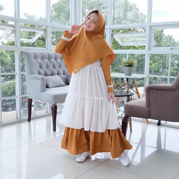 busana gamis anak molly syar'i baju muslim anak tanggung gamis remaja - mustard