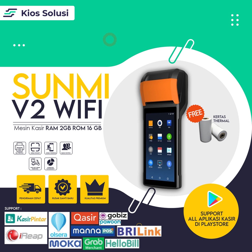 Mesin Kasir Portable Thermal Printer Sunmi V2 4G LTE | RAM 2GB | ROM 16 GB | Bisa Print Otomatis | Free Merchendise