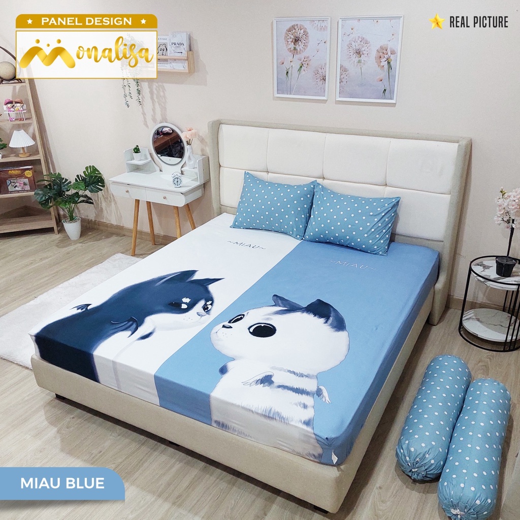 SPREI MONALISA PANEL MIAU BLUE KING 180X200, Queen 160x200 dan single 120x200