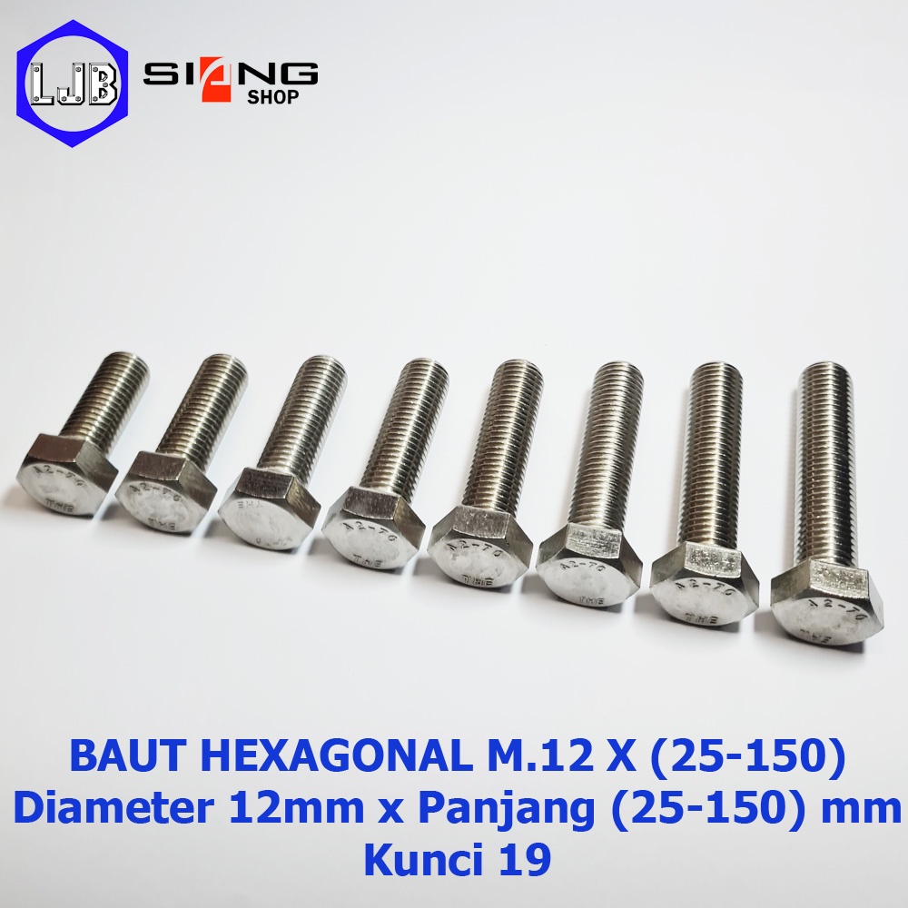 Baut Hex M12 Stainless 304 THE A2-70 Panjang 25 sd 150mm