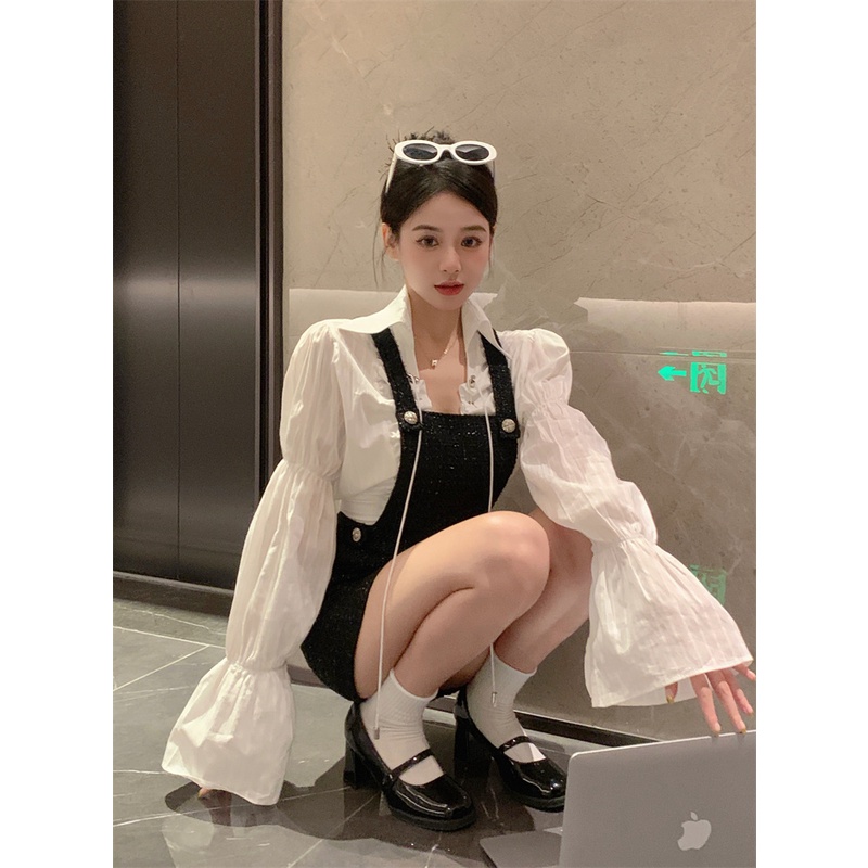 Red Kumikumi design sense drawstring bow tie shirt female spring strap dress short skirt two-piece set