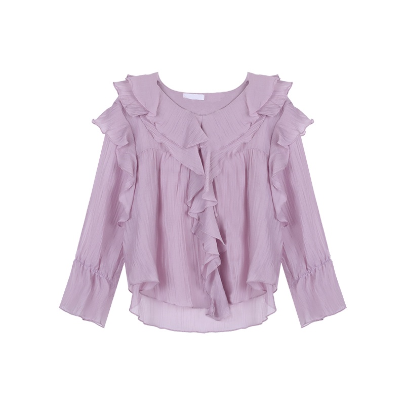 Red Angin lembut leher V lengan panjang kemeja sifon wanita musim semi Perancis chic ceruk longgar bagian tipis mengacak-acak bottoming top