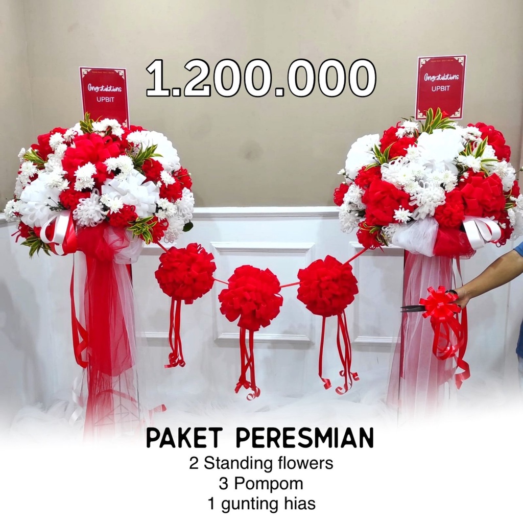 DQueen Florist Paket Pita Peresmian 2 Standing Flowers 3 Pom Pom 1 Gunting Hias Acara Grand Opening Potong Pita Gedung Kantor Custom Warna Dan Ukuran