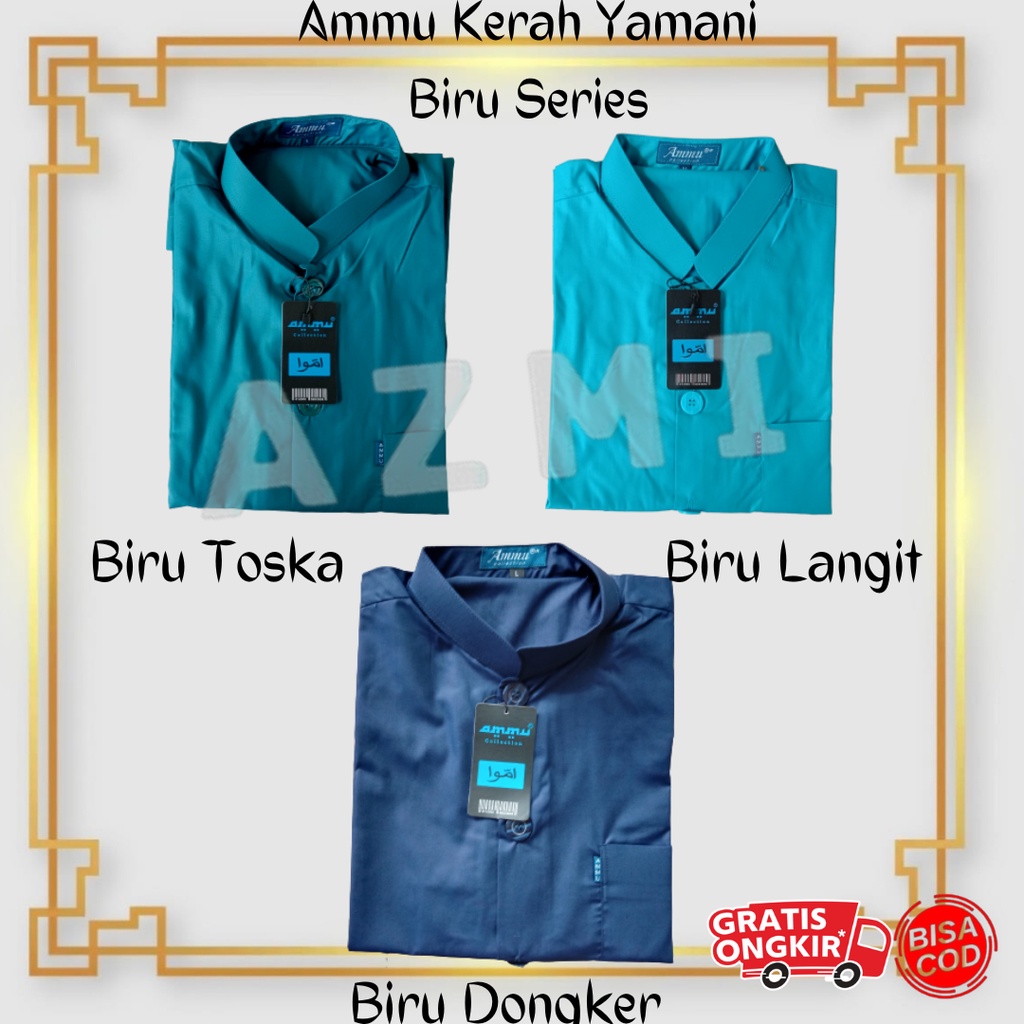 Promo Baju Koko Ammu Dewasa Kerah Yamani / Kerah Pendek Biru Series Termurah