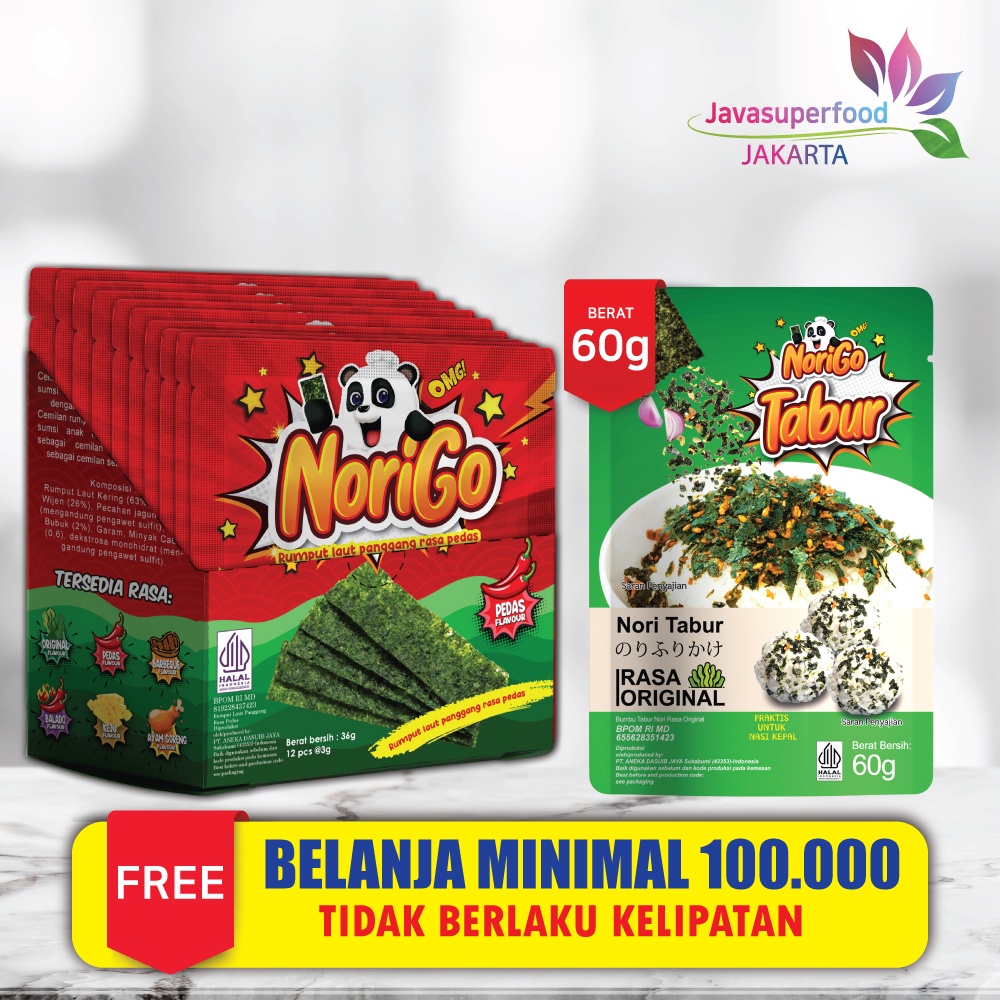 (BELI 1 DUS FREE 10 PCS)  Norigo Nori Spicy Sachet Seaweed Snack 3g Rumput Laut Halal Rasa Pedas