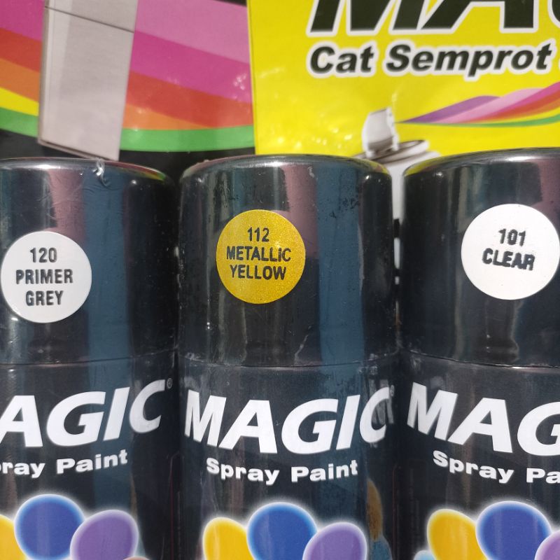 Pilok Pilox Cat Semprot Magic Paket Lengkap 3 Kaleng 300cc Paketan Kuning Metalik Yellow Metalic 112 Primer Grey Epoxy 120 Clear Pernis Glossy Mengkilap 101 Spray Paint