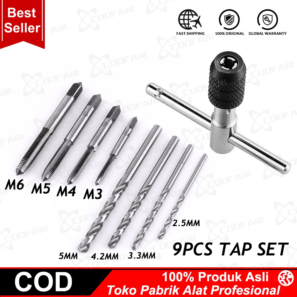 Hand Tap Set 9pcs - Screw M3-M6 Wrench Holder - Reversible Taps