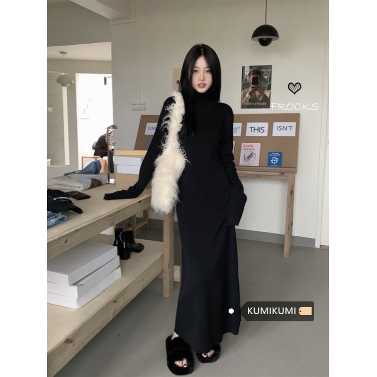 Red Ketat retro hitam berleher tinggi rajutan gaun wanita Prancis musim gugur dan musim dingin rok pinggang tas panjang pinggul rok baru