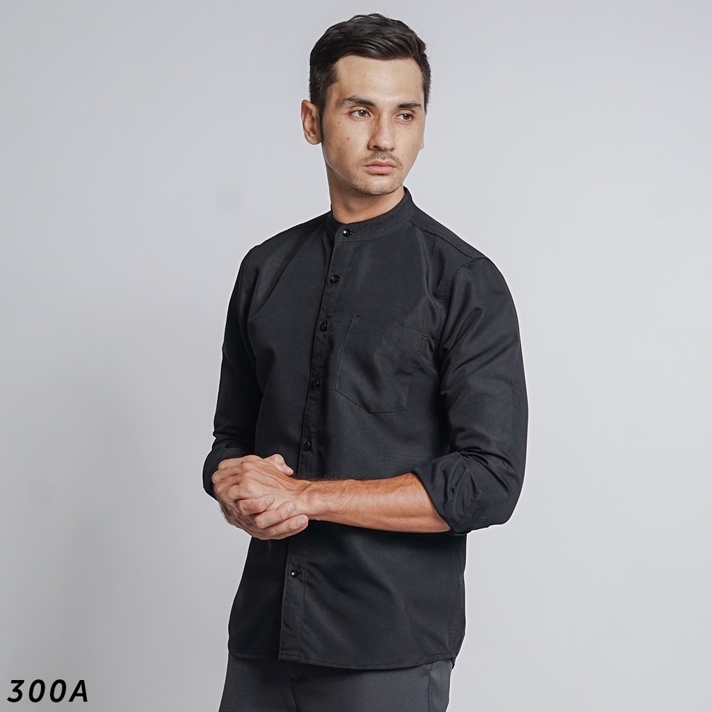 HSRM Kemeja Hitam Polos Kerah Shanghai Pria Lengan Panjang OX Shirt 300 A