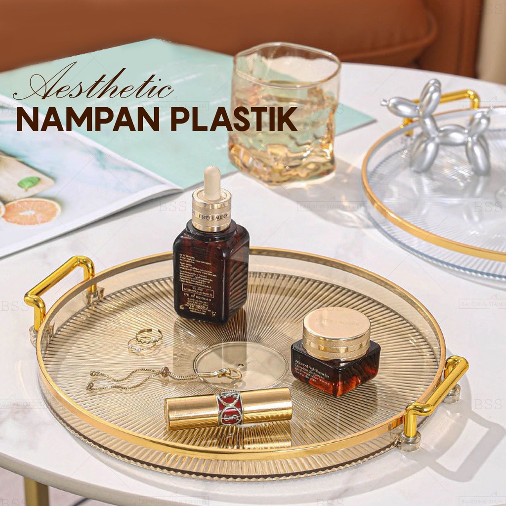 Nampan Aesthetic Plastik Bulat Baki Transparan Wadah Perhiasan Rumah Buah Snack Pegangan Handle Gold Multifungsi Mewah