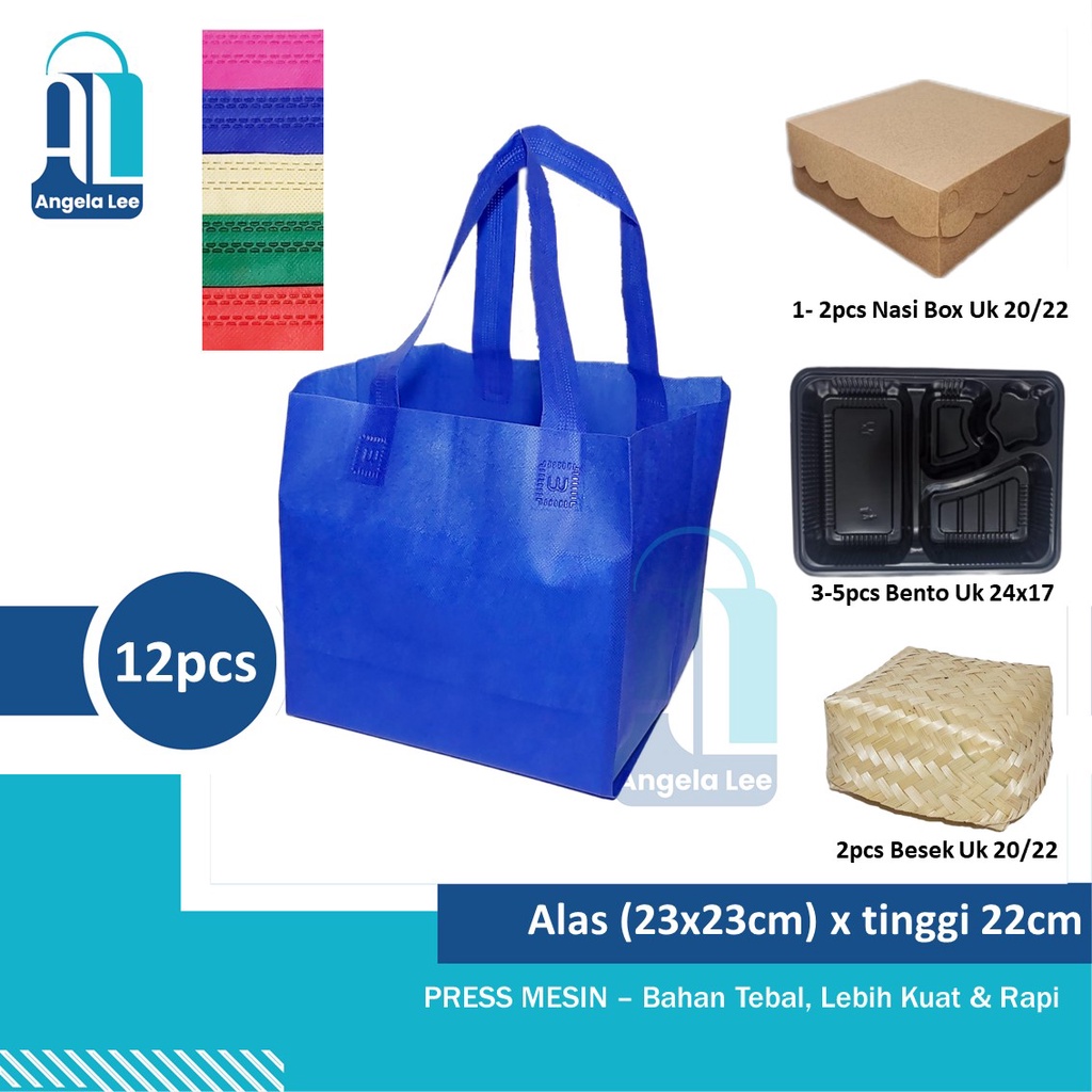 12bh Tas Kain Spundbond Handle Lipat Polos Nasi Kotak/Besek uk 22cm