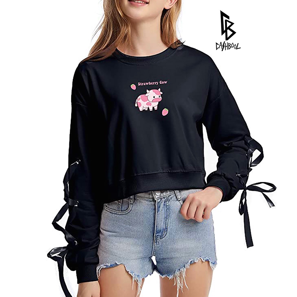 CASHBOOL Crop Crewneck Strawberry Cow Print Tali Pita Sweater Basic Polos ALL SIZE &amp; BIG SIZE