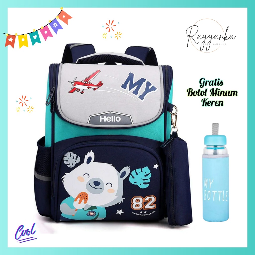 Tas Ransel Sekolah Anak Laki Laki Happy B3ar Gratis Botol Minum Keren Untuk TK Paud Sd