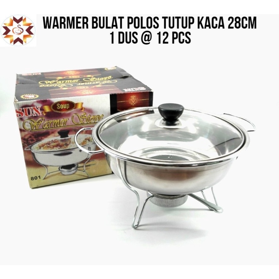 Warmer Stove Bulat Polos Tutup Kaca M-023 Kompor Baskom Tempat Memanaskan Sayur Soup Prasmanan Saji Stainless Steel