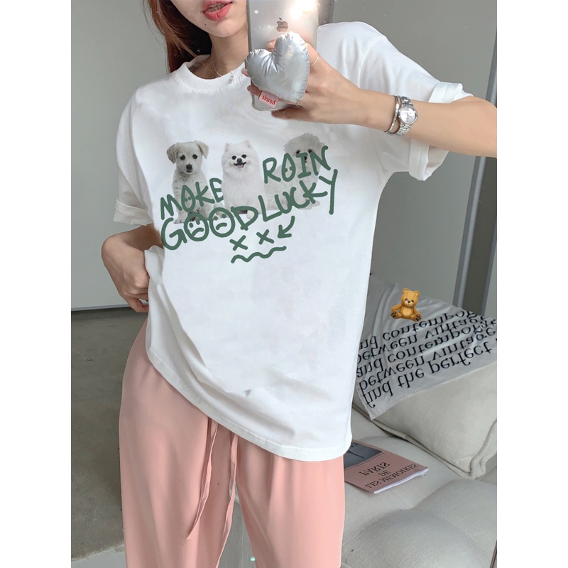 XIAOZHAINV Kaos Atasan Wanita Cute Puppy Pattern Lengan Pendek A0293