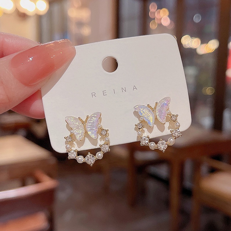 Super Cute925 Perak Jarum Gradien Kupu-Kupu Anting Perempuan ins Fashion Mutiara Telinga Studs