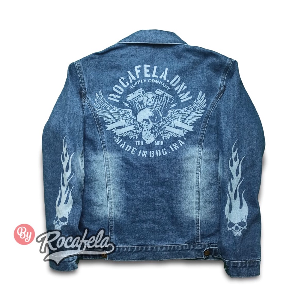 TURUN HARGA ! Jaket Jeans Kerah Sablon Cowok Jaket Denim Rocafela Sablon Discharge Premium