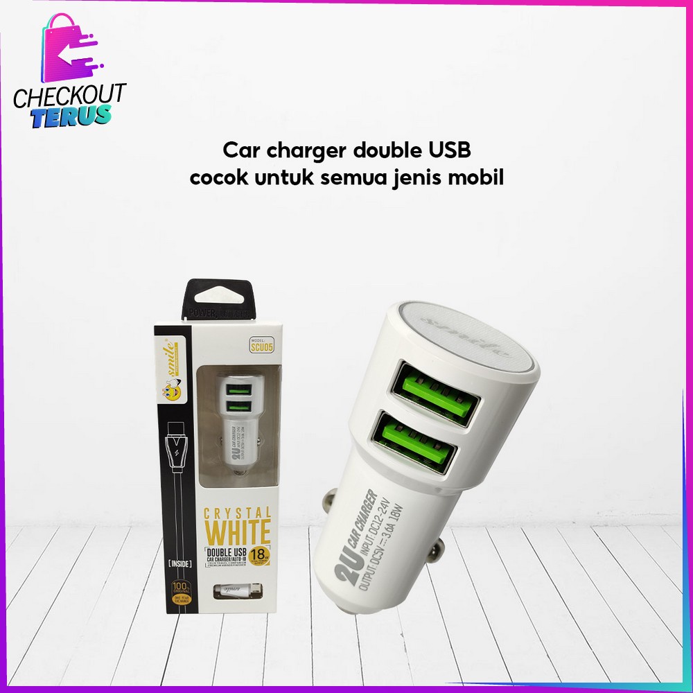 CT C820 Adaptor Car Charger Double USB Universal Crystal White  2 Output Colokan Mobil Portable Pengisi Daya Hanphone Travel