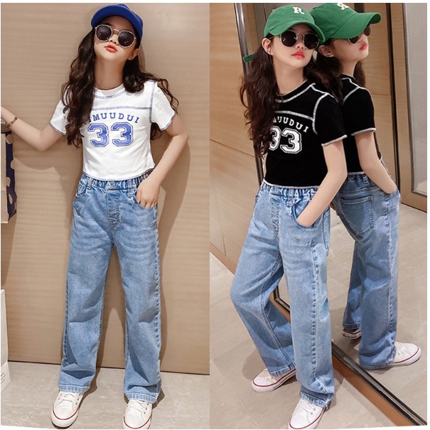 Setelan anak PEREMPUAN CROP SET import YIMUUDUI /PRERECORD 33 + CELANA JEANS TEBAL KEKINIAN setelan anak teenager