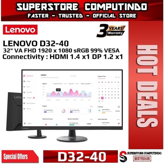 Monitor LED Lenovo D32-40 32&quot; 1080p HDMI DP sRGB 99% Audio Out 3.5mm