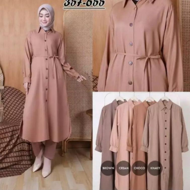 VIRAL Baju Long Dress Tunik Kemeja Wanita Remaja Jumbo Basic Polos Muslim Tali Pinggang