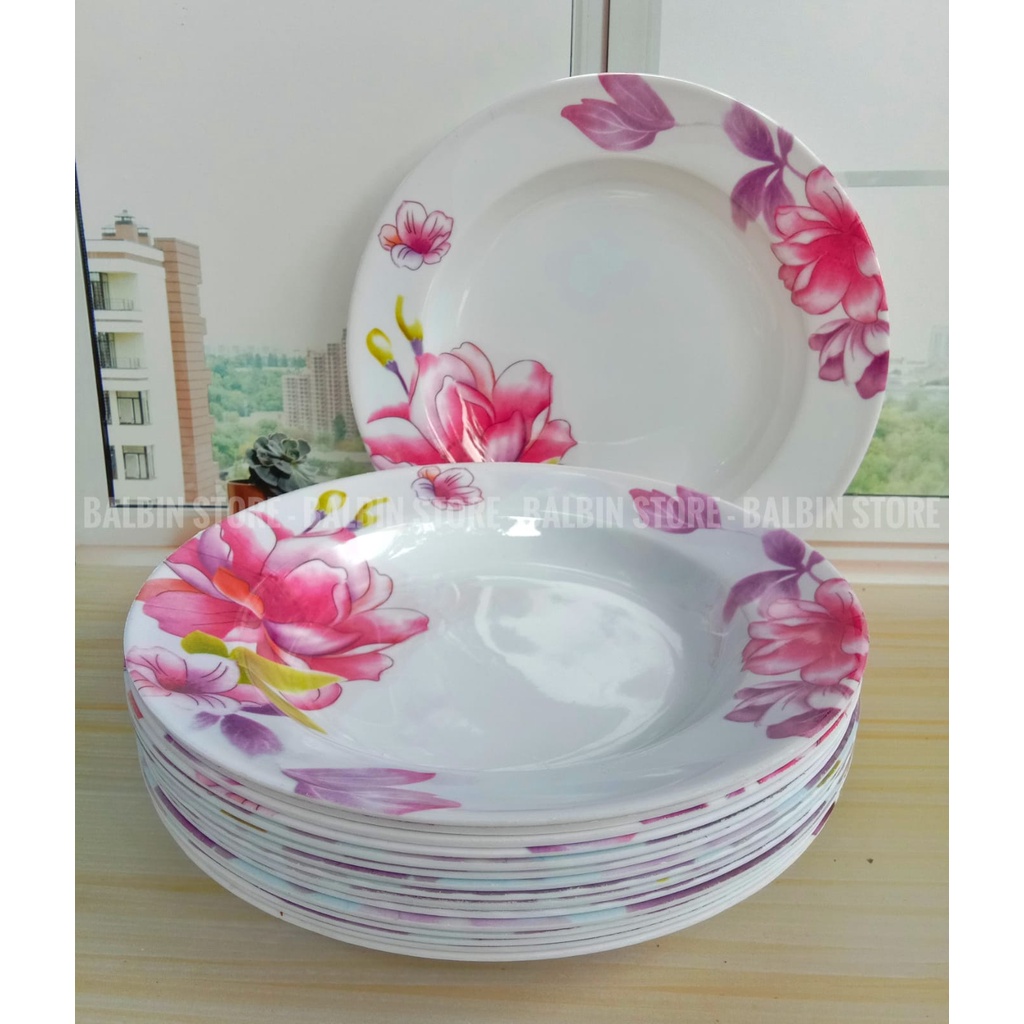 12 PCS | 1 LUSIN PIRING 9.&quot;SEMI MELAMINE MEYSHING MOTIF MAWAR UNGU &quot; FOOD GRADE