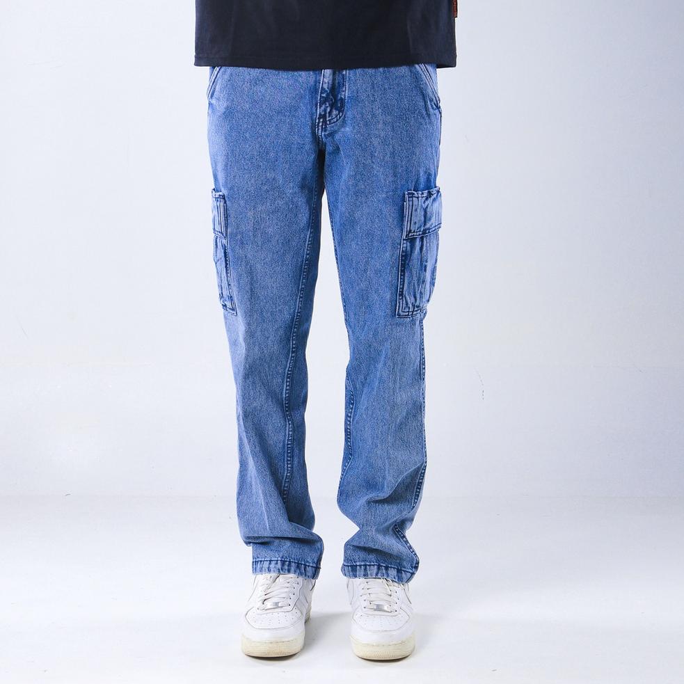 CHEKOUT Superego Celana Cargo Pants Pria Jeans Loose fit Reguler Standard Denim Washed Snow Blue SCP