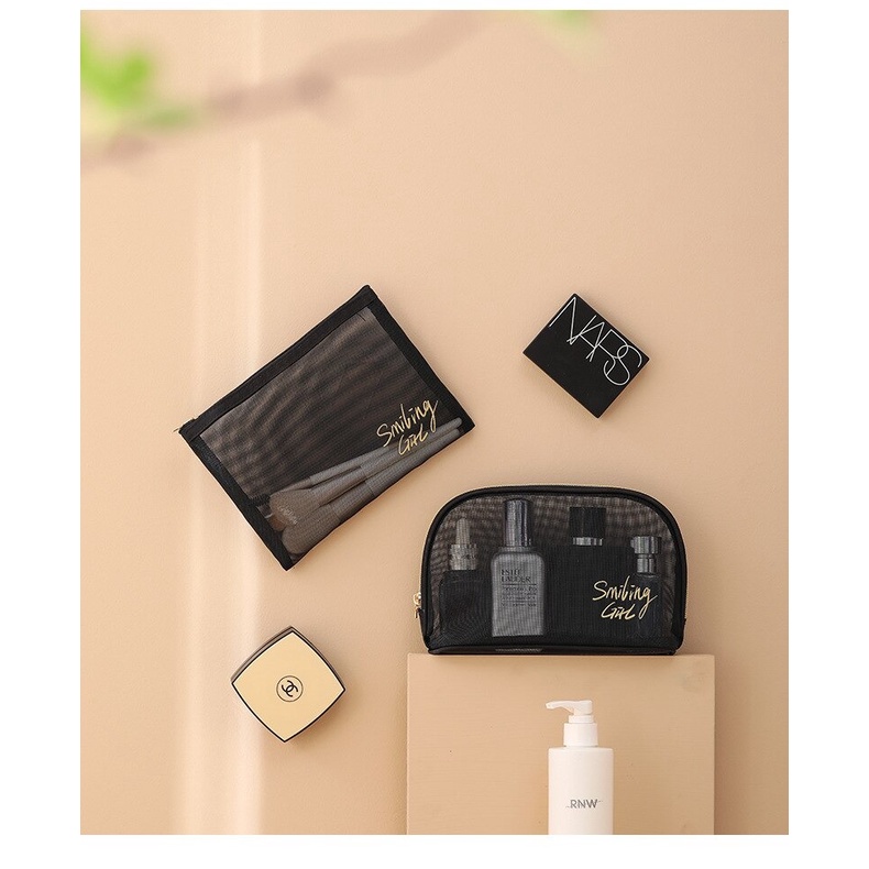 Tas Make Up Kosmetik Transparent Transparan hitam elegan gold Perlengkapan kecantikan serbaguna Mesh Octagon Bag - Black Smiling Girl alat tulis bolpen