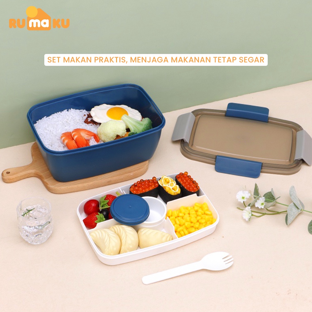 Rumaku Kotak Makan 2000ml Lunchbox Tempat Makan Double Layer dengan Tempat Sambal